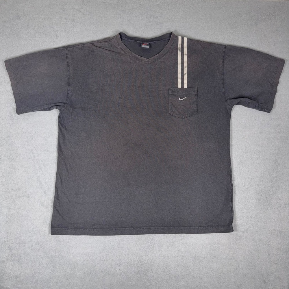 Vintage 90s Nike V Neck Pocket T Shirt XXL Faded Black Swoosh Racing Stripe Tee